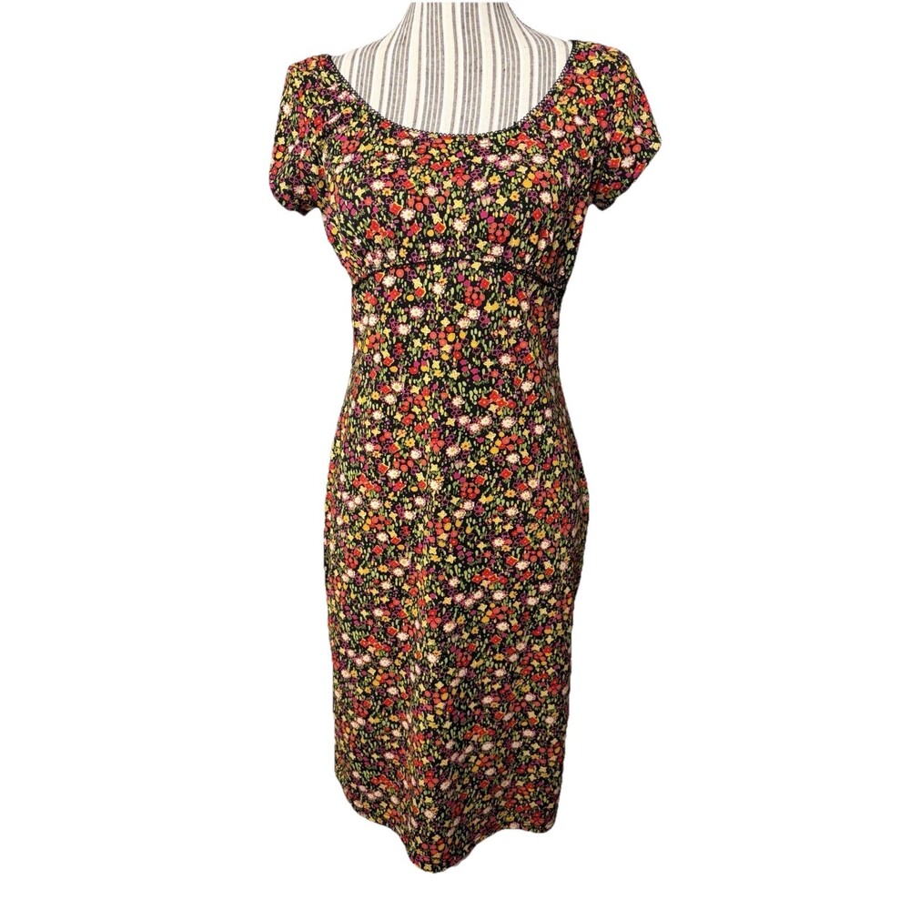 VTG Y2K 90s Floral Rayon Tea Dress Whimsy Cutesy Cap Sleeve Grunge Medium 6/8